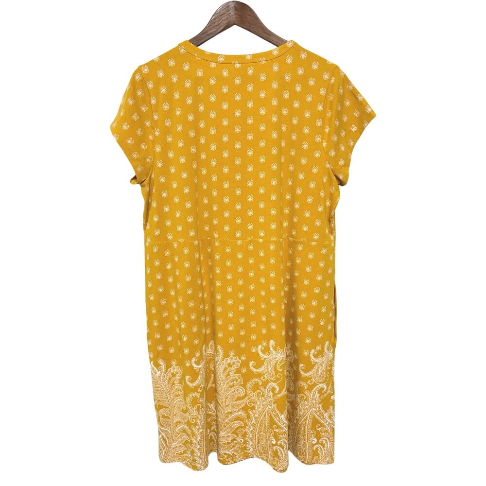 J.Jill Women’s Mustard Yellow Paisley Border Print Knit Dress L Pockets Stretch - Picture 2 of 11
